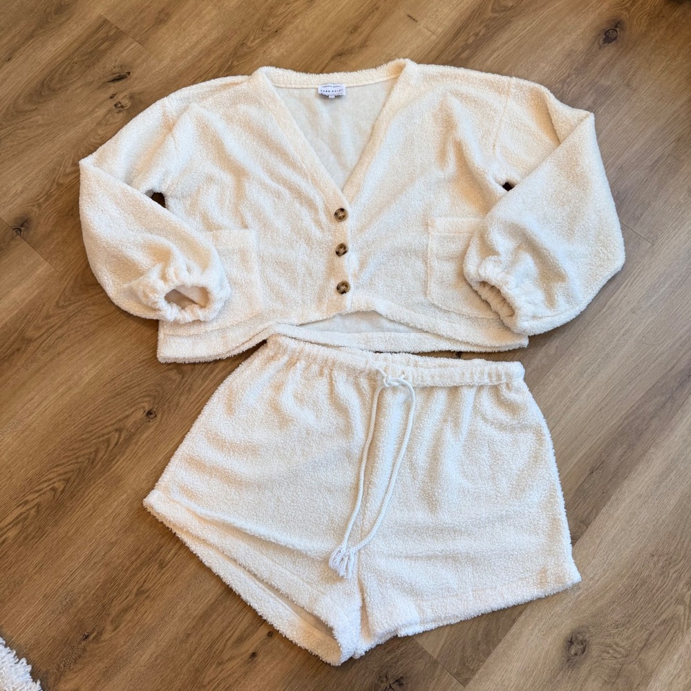 Sabo Skirt Soft Ellis Set Cream Teddy Fleece Lounge Set Cardigan Shorts Large